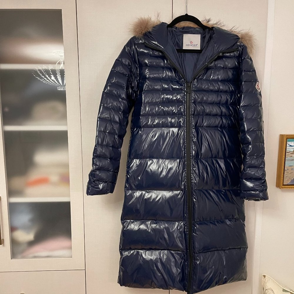 Moncler Long Navy Coat with Fur Trim